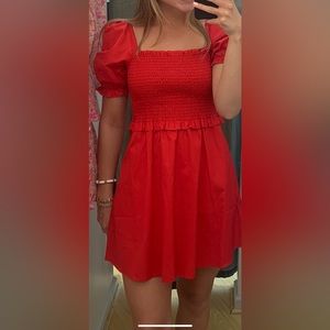 French Connection Red Smocked Puff Sleeve Dress